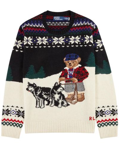 Polo Ralph Lauren Bear-intarsia Wool-blend Sweater - Blue