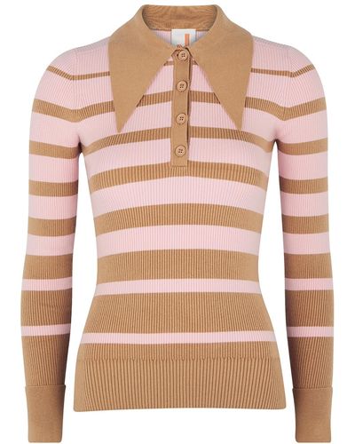 JoosTricot Striped Ribbed-knit Polo Top - Natural