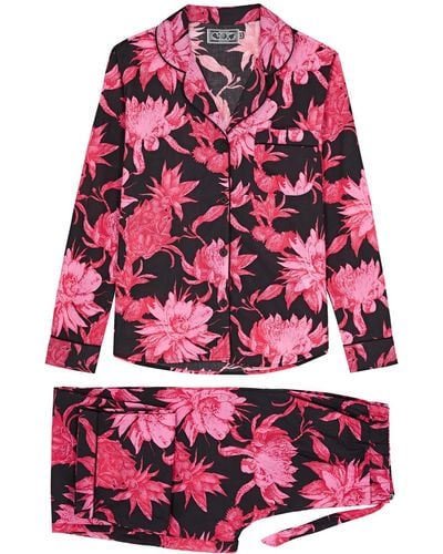 Desmond & Dempsey Night Bloom Printed Cotton Pajama Set - Red