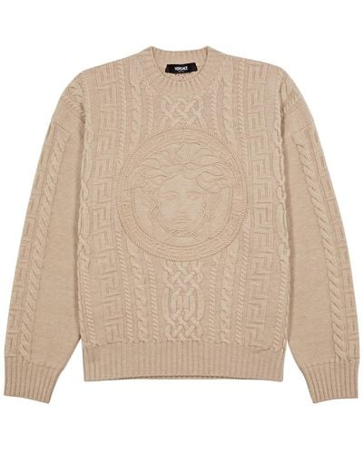 Versace Medusa-embroidered Cable-knit Wool Sweater - Natural