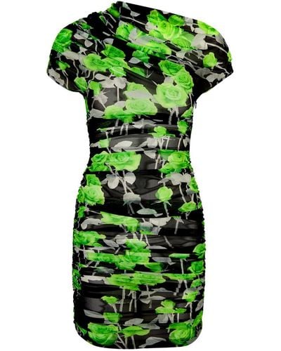 David Koma Rose-Print Ruched Tulle Mini Dress - Green