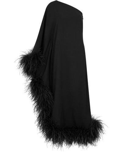 ‎Taller Marmo Ubud One-shoulder Feather-trimmed Midi Dress - Black