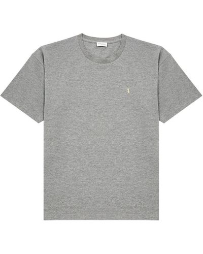 Saint Laurent Cassandre Logo-Embroidered Cotton-Blend T-Shirt - Grey