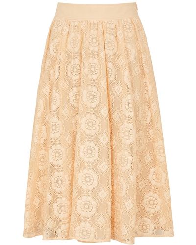 Boutique Moschino Peach Floral Guipure-lace Midi Skirt - Natural