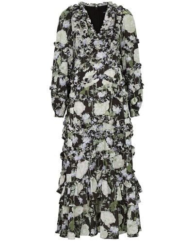Needle & Thread Moonlight Petals Floral-print Matte Satin Midi Dress - Black
