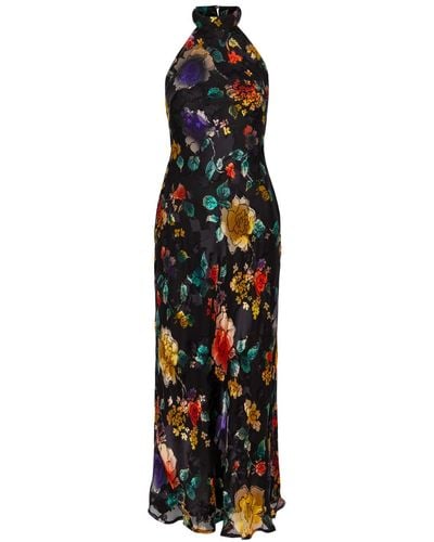 RIXO London Pearl Floral-print Chiffon Midi Dress - Black