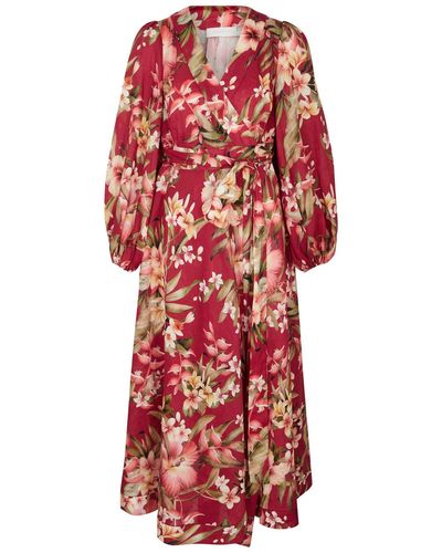 Zimmermann Lexi Floral-print Linen Wrap Dress - Red