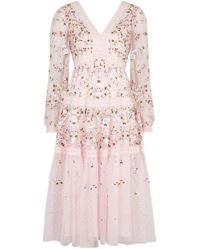 Needle & Thread Garland Floral-embroidered Tulle Midi Dress - Pink