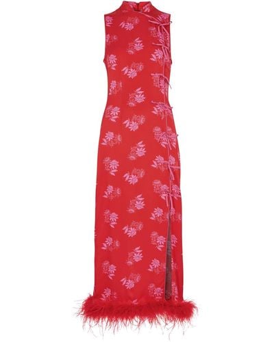 Kitri Myla Floral-jacquard Satin Midi Dress - Red