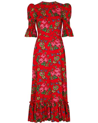 The Vampire's Wife Floral-print Ruffle-trim Cotton Maxi Dress - Red