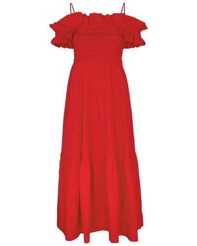 Ganni Ruffled Cotton-Poplin Midi Dress - Red