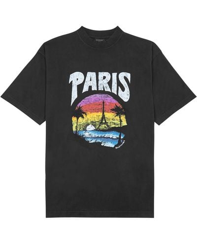Balenciaga Paris Tropical Printed Cotton T-Shirt - Black