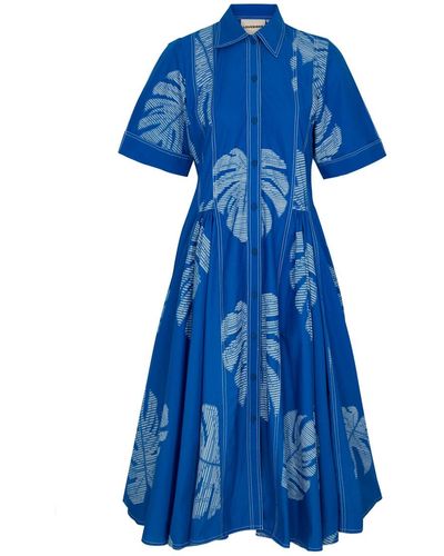 LOVEBIRDS Printed Cotton Midi Dress - Blue
