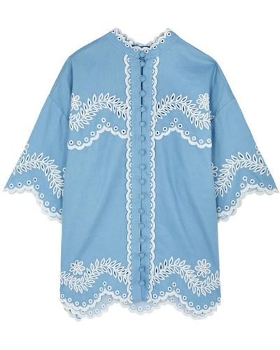 Zimmermann Junie Floral-embroidered Linen Shirt - Blue