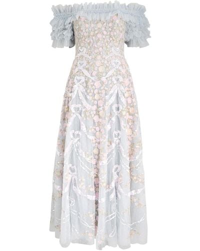 Needle & Thread Ribbon Heart Floral-Embroidered Tulle Gown - White