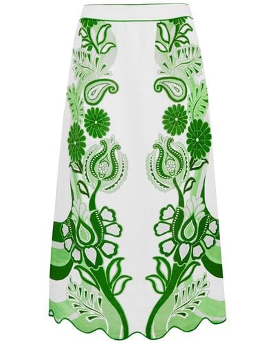 FARM Rio Color Festival Printed Linen Midi Skirt - Green