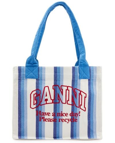 Ganni Easy Shopper Large Striped Canvas Tote - Blue