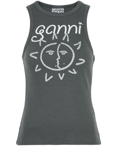 Ganni Sun-print Cotton-blend Tank - Grey