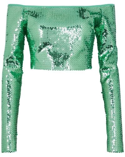 David Koma Off-The-Shoulder Cropped Sequin Top - Green