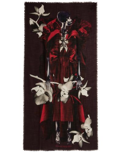 Alexander McQueen Orchid Skeleton Printed Wool Scarf - Multicolour