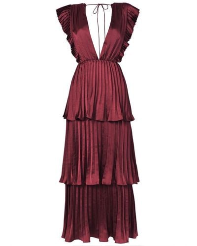 True Decadence Burgundy Satin Pleated Tiered Midaxi Dress