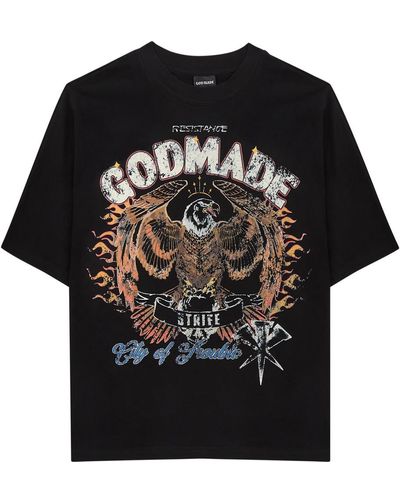 God Made City Of Trouble Printed Cotton T-Shirt - Black