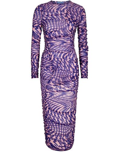 Mugler Star-print Ruched Tulle Midi Dress - Purple