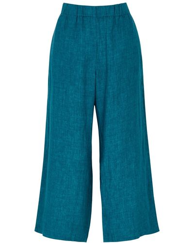Eileen Fisher Teal Cropped Wide-leg Linen Trousers - Blue