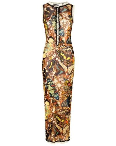 Jean Paul Gaultier Papillon Printed Lace-Up Tulle Maxi Dress - Metallic