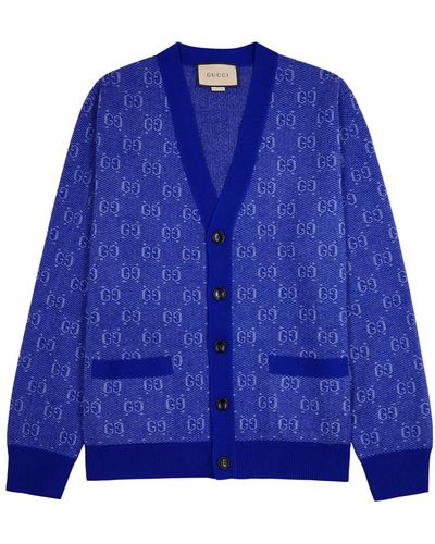 Gucci gg-monogram Intarsia Wool Cardigan - Blue