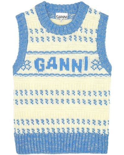 Ganni Logo-Intarsia Wool Vest - Blue