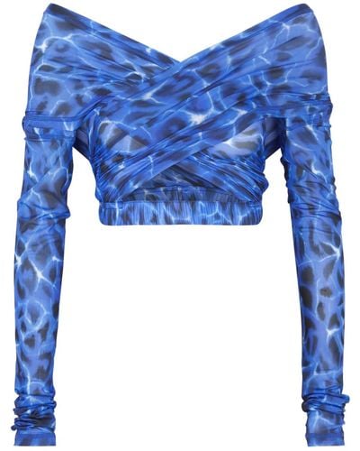 KNWLS Anti Cross Over Printed Stretch-tulle Top - Blue