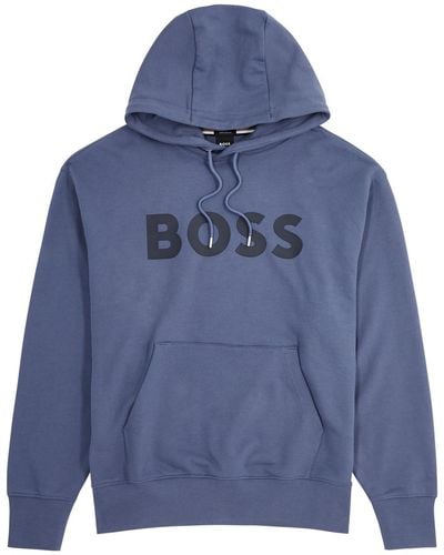 BOSS Logo Hooded Cotton Sweatshirt - Blue