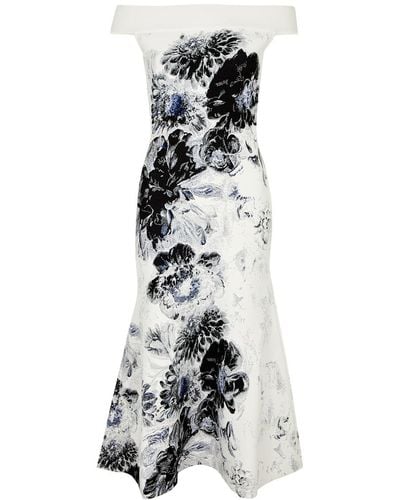 Alexander McQueen Floral-Intarsia Knitted Midi Dress - White