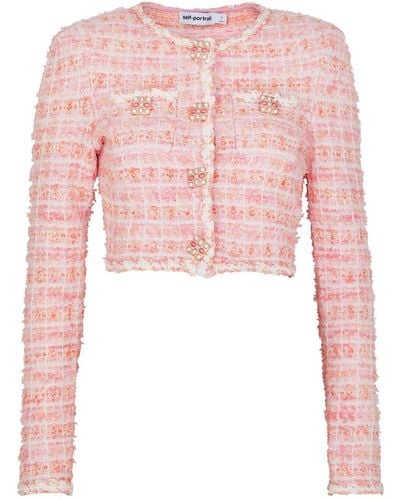 Self-Portrait Checked Bouclé Knitted Cardigan - Pink