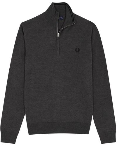 Fred Perry Logo-embroidered Wool-blend Half-zip Sweater - Gray