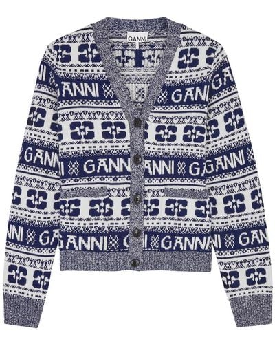 Ganni Logo-Intarsia Wool-Blend Cardigan - Blue