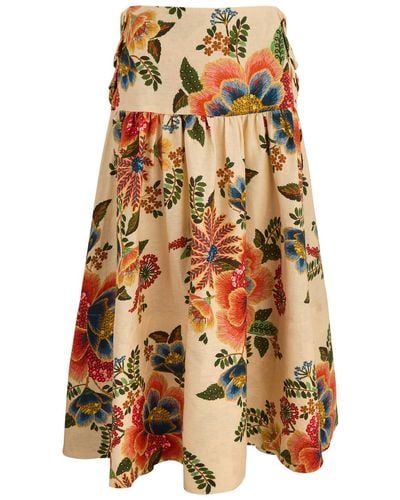 FARM Rio Delicate Garden Printed Linen Midi Skirt - Natural