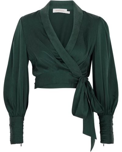Zimmermann Silk-satin Wrap Blouse - Green