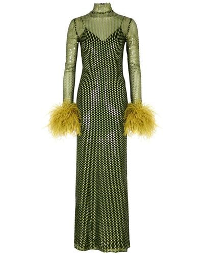 ‎Taller Marmo Fonda Pepe Feather-Trimmed Sequin Gown - Green