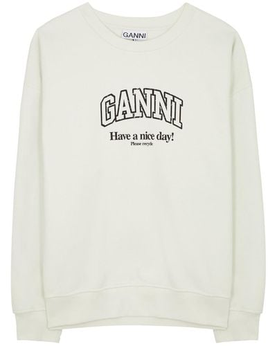 Ganni Logo-Print Cotton Sweatshirt - White
