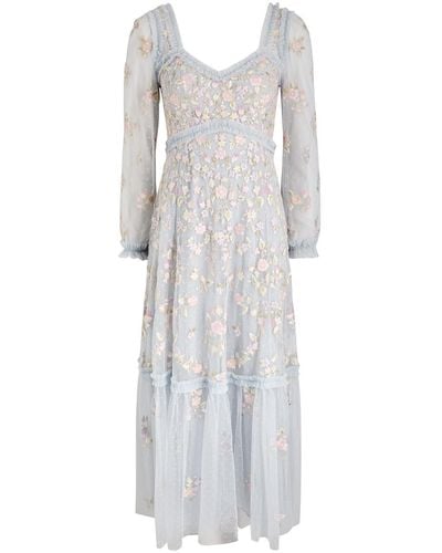 Needle & Thread Blossom Chain Floral-Embroidered Tulle Gown - White