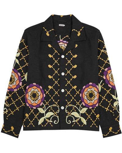 Bode Louie Floral-Embroidered Linen Shirt - Black