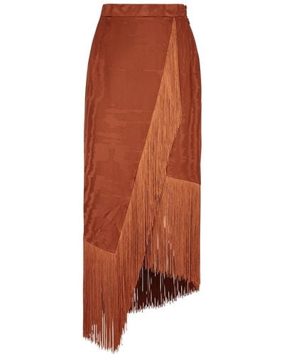 ‎Taller Marmo Bossa Nova Rust Fringe-trimmed Satin Skirt - Brown