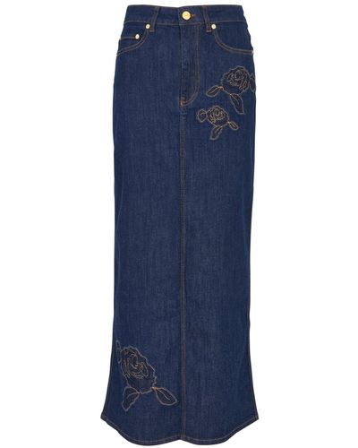 Ganni Floral-Appliquéd Stretch- Maxi Skirt - Blue