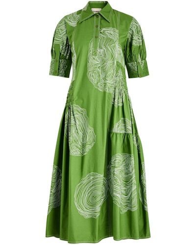 LOVEBIRDS Printed Cotton-Poplin Midi Shirt Dress - Green