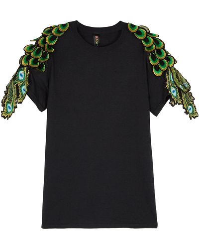 RAGYARD Peacock Feather-appliquéd Cotton T-shirt - Black