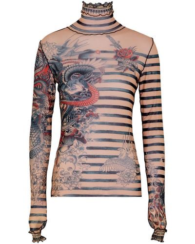 Jean Paul Gaultier Sailor Tattoo Printed Tulle Top - Natural