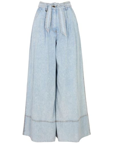 Zimmermann Belted Wide-Leg Chambray Trousers - Blue