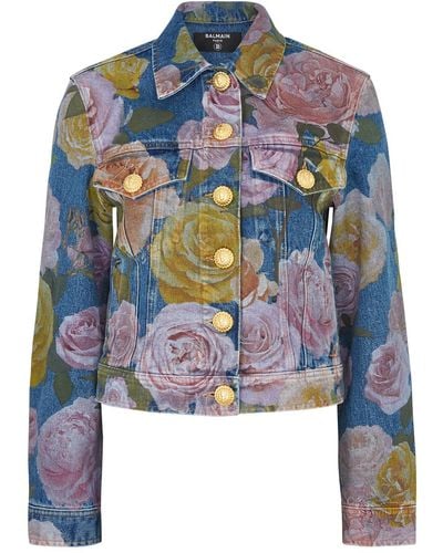 Balmain Floral-Print Denim Jacket - Blue